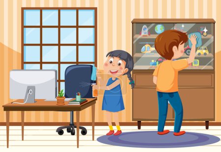 Téléchargez les illustrations : Dessin animé enfants nettoyage de la maison illustration - en licence libre de droit