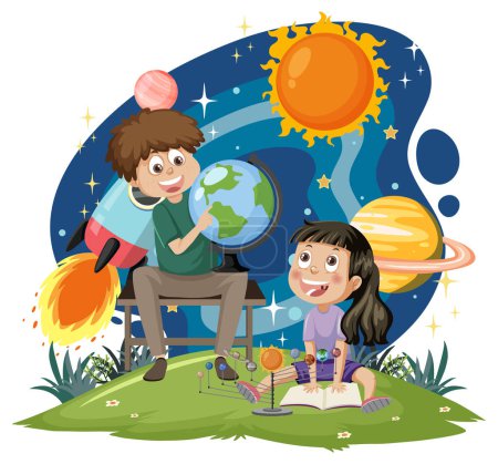 Illustration for Kids in astronomy theme illustration - Royalty Free Image