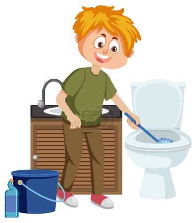 Téléchargez les illustrations : Un homme nettoie les toilettes par brosse de toilette illustration - en licence libre de droit