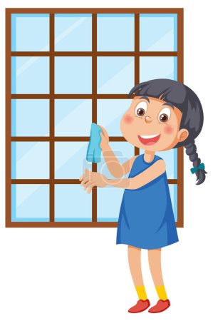 Téléchargez les illustrations : Une fille nettoyage fenêtre avec chiffon illustration - en licence libre de droit