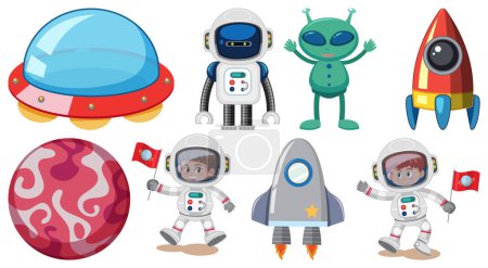 Téléchargez les illustrations : Set of space cartoon characters and objects illustration - en licence libre de droit