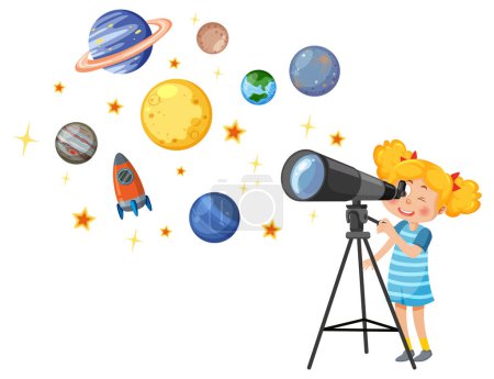 Téléchargez les illustrations : Petite fille observant le ciel avec une illustration de télescope - en licence libre de droit