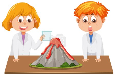 Illustration for Student wearing lab gown experiment volcano eruption illustration - Royalty Free Image