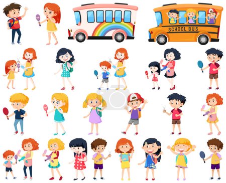 Ilustración de Conjunto de lindos niños de la escuela dibujos animados personajes ilustración - Imagen libre de derechos