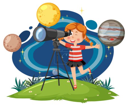 Ilustración de Niña observando el cielo con un telescopio ilustración - Imagen libre de derechos