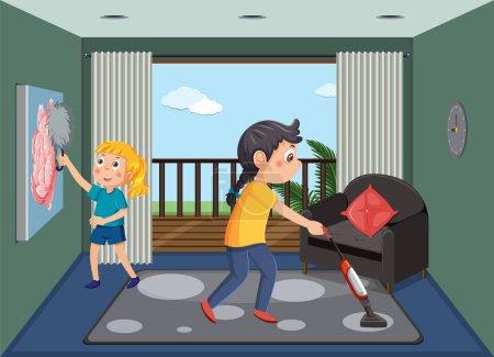 Ilustración de Dos niños limpiando sala de estar ilustración - Imagen libre de derechos