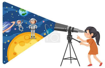 Girl observing the sky through telescope illustration