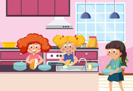 Téléchargez les illustrations : Dessin animé enfants nettoyage de la maison illustration - en licence libre de droit