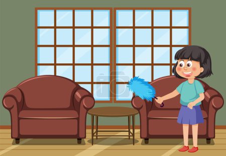 Illustration for Girl cleaning living room illustration - Royalty Free Image