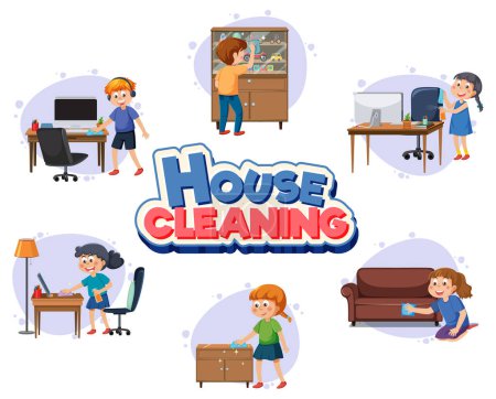 Téléchargez les illustrations : Enfants nettoyage à la maison set illustration - en licence libre de droit
