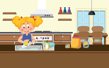 Illustration for A girl washing dishes in the kitchen illustration - Royalty Free Image