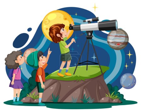 Téléchargez les illustrations : Enfants observant le ciel avec une illustration de télescope - en licence libre de droit