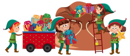 Téléchargez les illustrations : Personnage de dessin animé elfes avec illustration cadeau de Noël - en licence libre de droit