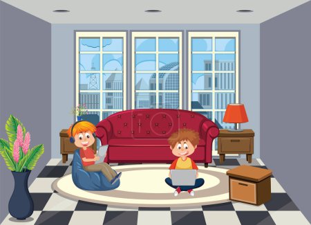Téléchargez les illustrations : Enfants apprenant en ligne à la maison illustration - en licence libre de droit