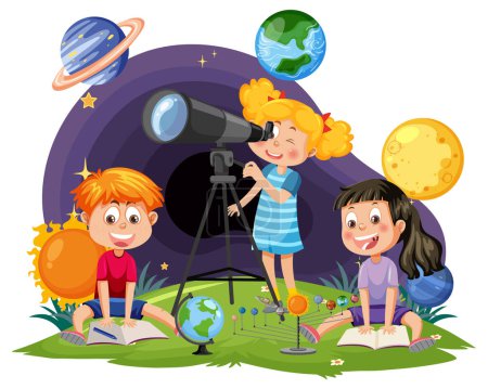 Ilustración de Niños observando planetas con ilustración de telescopio - Imagen libre de derechos