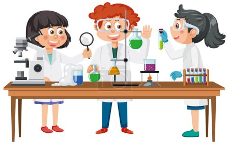 Téléchargez les illustrations : Enfants scientifiques faisant des expériences chimiques illustration - en licence libre de droit