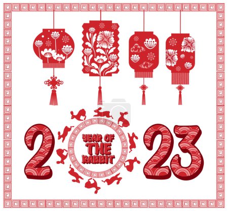 Illustration for Happy New Year 2023 banner in Chinese design illustration - Royalty Free Image