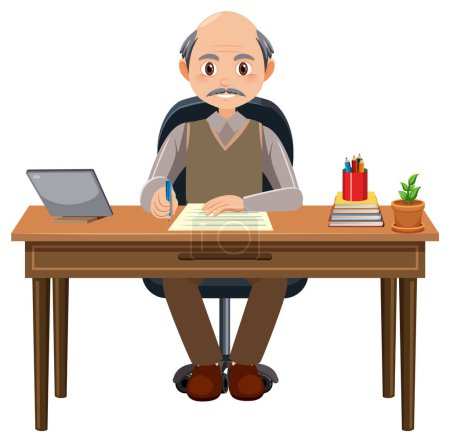 Téléchargez les illustrations : Vieil homme assis au bureau illustration - en licence libre de droit