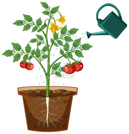 Ilustración de Raíz de planta de tomate en maceta vector ilustración - Imagen libre de derechos
