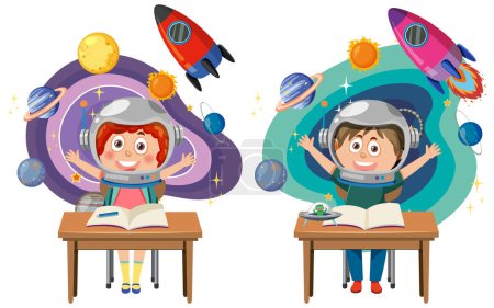 Ilustración de Niños de dibujos animados aprendiendo astronomía ilustración - Imagen libre de derechos