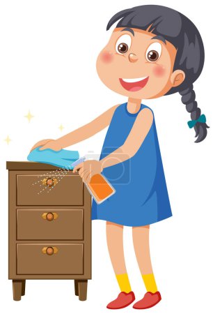 Illustration for A girl spraying and wiping cabinet illustration - Royalty Free Image