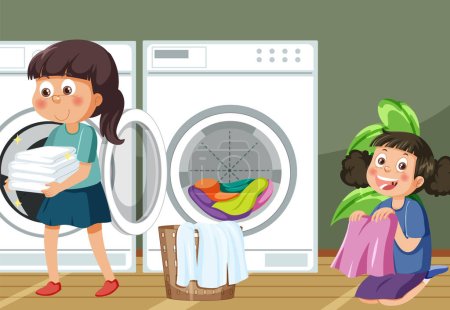 Ilustración de Escena con niños haciendo ilustración de lavandería - Imagen libre de derechos