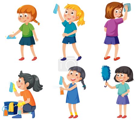 Téléchargez les illustrations : Enfants nettoyage à la maison set illustration - en licence libre de droit