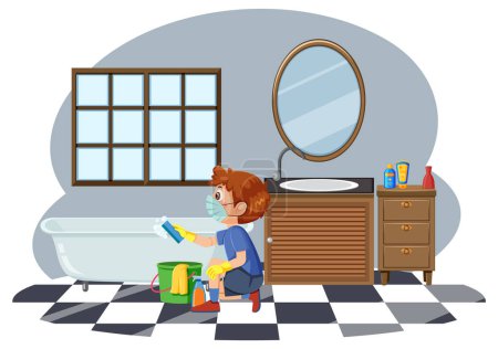 Illustration for A boy cleaning bathroom illustration - Royalty Free Image