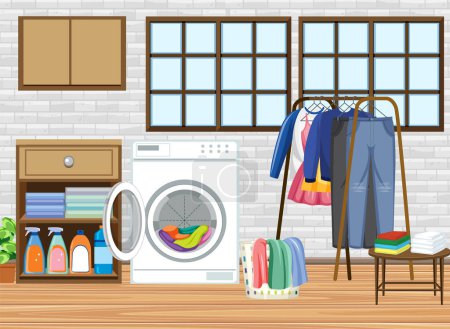 Illustration for Laundry room with washing machine illustration - Royalty Free Image