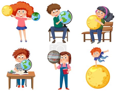 Illustration for Set of student kids learning astronomy illustration - Royalty Free Image