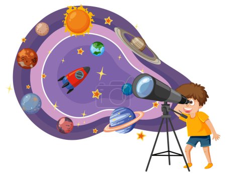 Ilustración de Niño observando planetas con ilustración de telescopio - Imagen libre de derechos