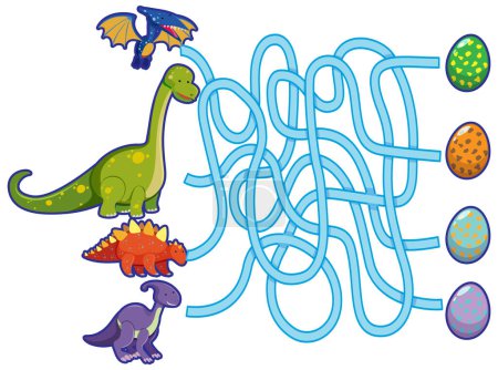 Téléchargez les illustrations : Modèle de jeu de labyrinthe dans le thème des dinosaures pour enfants illustration - en licence libre de droit