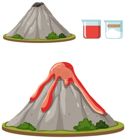 Set of volcano science experiment illustration