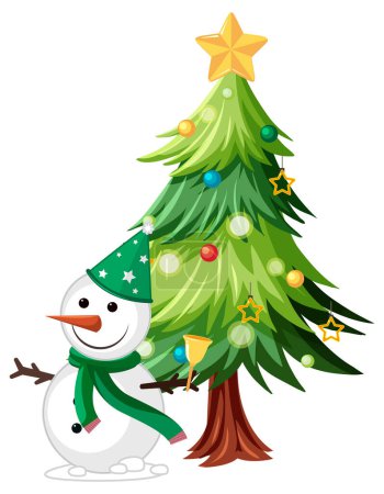 Illustration for A snowman under Christmas tree illustration - Royalty Free Image