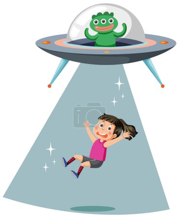 Illustration for Alien in ufo with a boy cartoon character illustration - Royalty Free Image