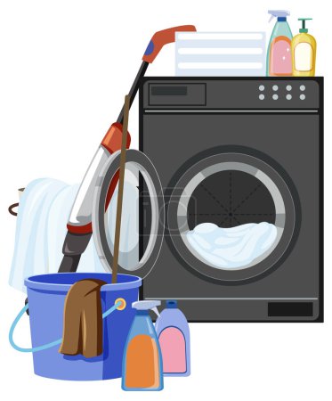 Téléchargez les illustrations : Machine à laver avec éléments de nettoyage illustration - en licence libre de droit