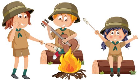 Téléchargez les illustrations : Enfants assis autour du feu de camp illustration - en licence libre de droit