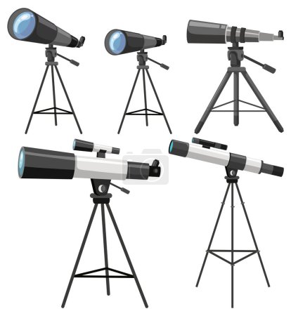 Téléchargez les illustrations : Collection de télescopes sur trépieds illustration - en licence libre de droit