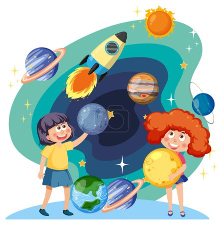 Illustration for Kids in astronomy theme illustration - Royalty Free Image