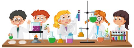 Ilustración de Niños científicos haciendo ilustración de experimentos químicos - Imagen libre de derechos