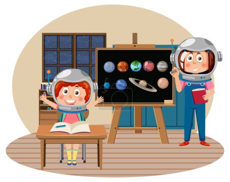 Téléchargez les illustrations : Enfants apprenant l'astronomie en classe illustration - en licence libre de droit