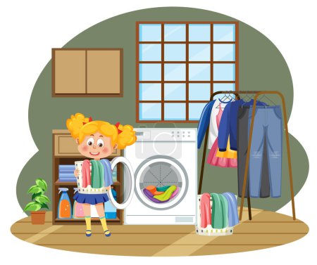 Photo for Kids doing laundry with washing machine illustration - Royalty Free Image