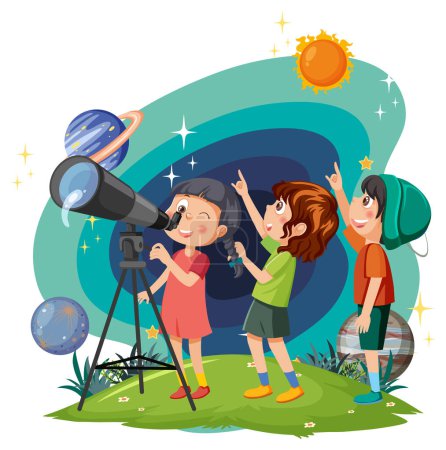 Téléchargez les illustrations : Enfants observant le ciel avec une illustration de télescope - en licence libre de droit
