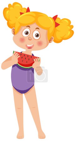 Téléchargez les illustrations : Une fille porte un maillot de bain manger pastèque illustration - en licence libre de droit