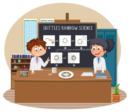 Illustration for Student explaining skittles rainbow science experiment illustration - Royalty Free Image