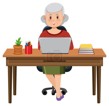Ilustración de Mujer vieja sentada delante de la ilustración portátil - Imagen libre de derechos