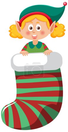 Téléchargez les illustrations : Mignon elfe fille dans Noël chaussette illustration - en licence libre de droit