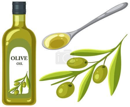 Ilustración de Conjunto de botella de aceite de oliva y cuchara ilustración - Imagen libre de derechos