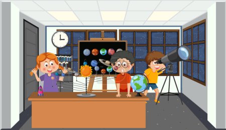 Ilustración de Niños estudiando astronomía planeta ilustración - Imagen libre de derechos