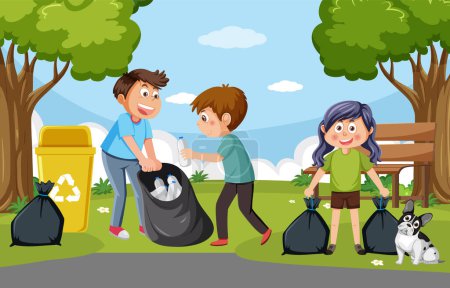 Téléchargez les illustrations : Dessins animés enfants ramassant des ordures dans le parc illustration - en licence libre de droit